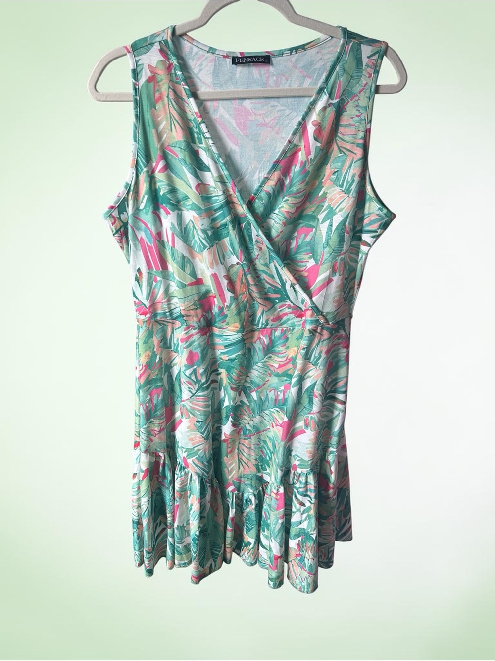 Tropical Print Sleeveless Summer Dress - Green Pink Leaf Pattern Large
